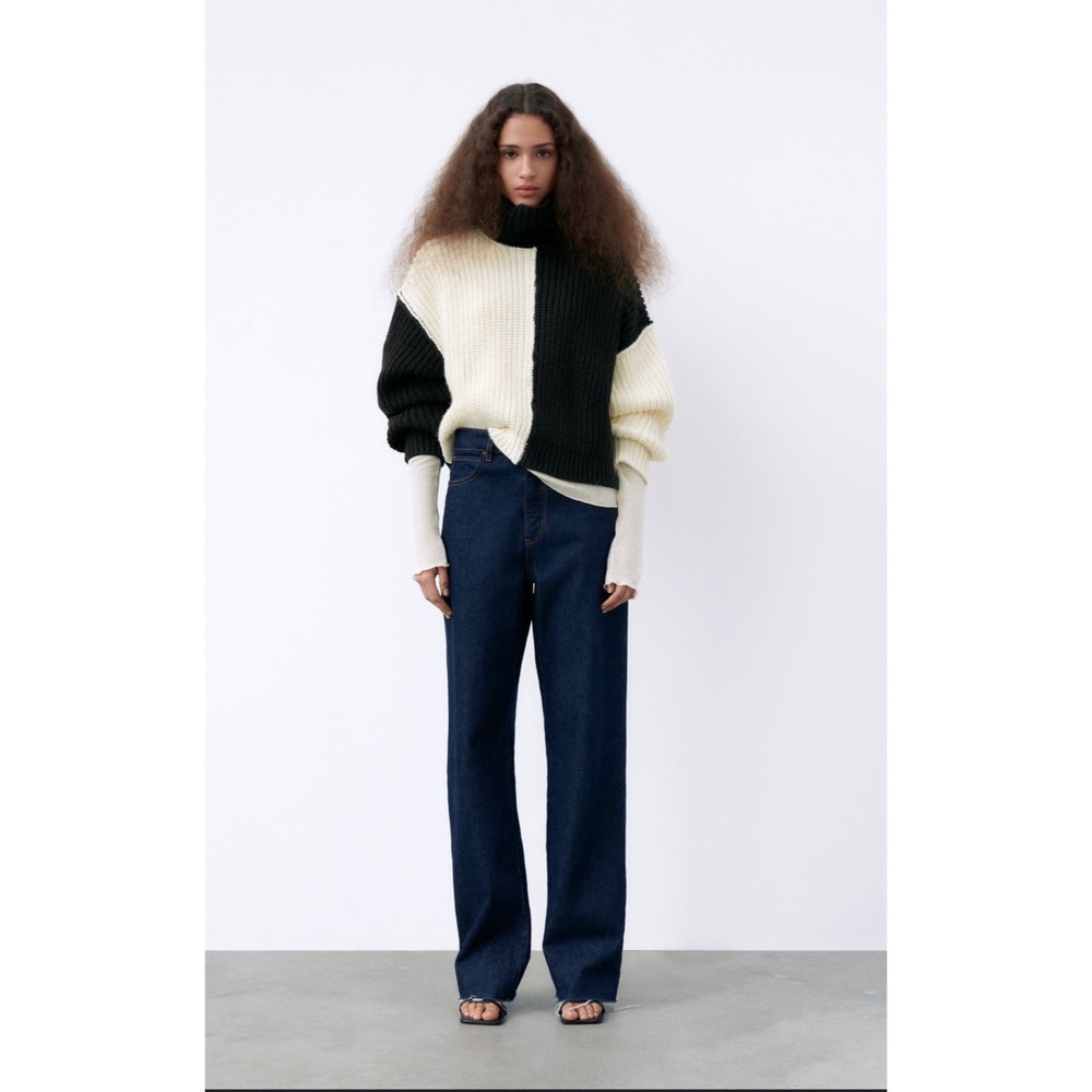 Zara Black and Cream Chunky Ribbed Turtleneck Sweater